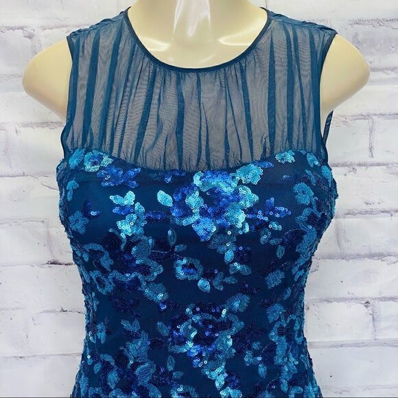 BELLE BADGLEY MISCHKA PARIS DRESS SEQUIN BLUE MULTI FLORAL BL2282 size 0 - Picture 9 of 16